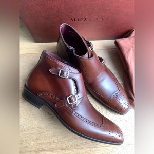New Mezlan Taberna Double Monk Strap Boots Brogue Brown Calfskin Sz 7